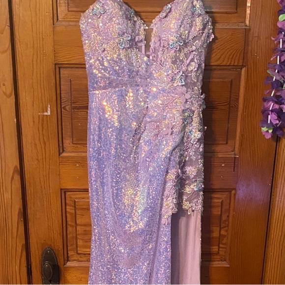 Iridescent Sequin prom dress with Floral Details - Picture 2 of 4